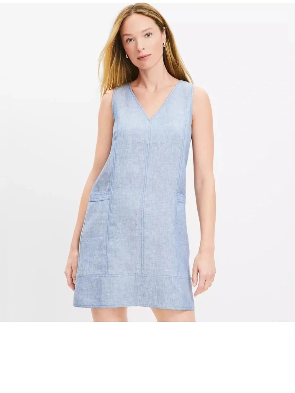 LOFT 100% linen chambray v-neck dress pockets beachy coastal size 8